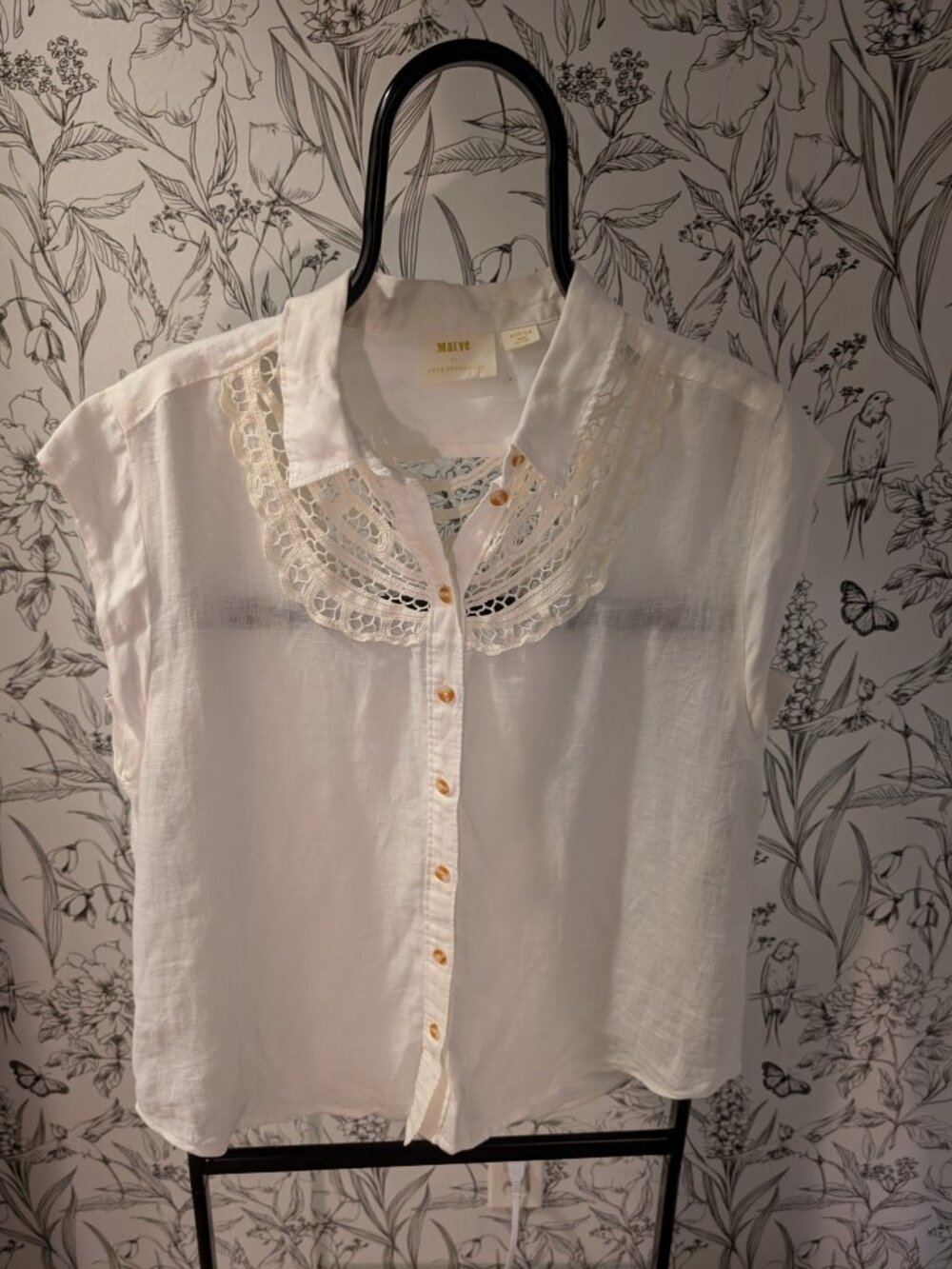 Maeve by Anthropologie Lace-Detail Linen Blend Blouse | Size Medium